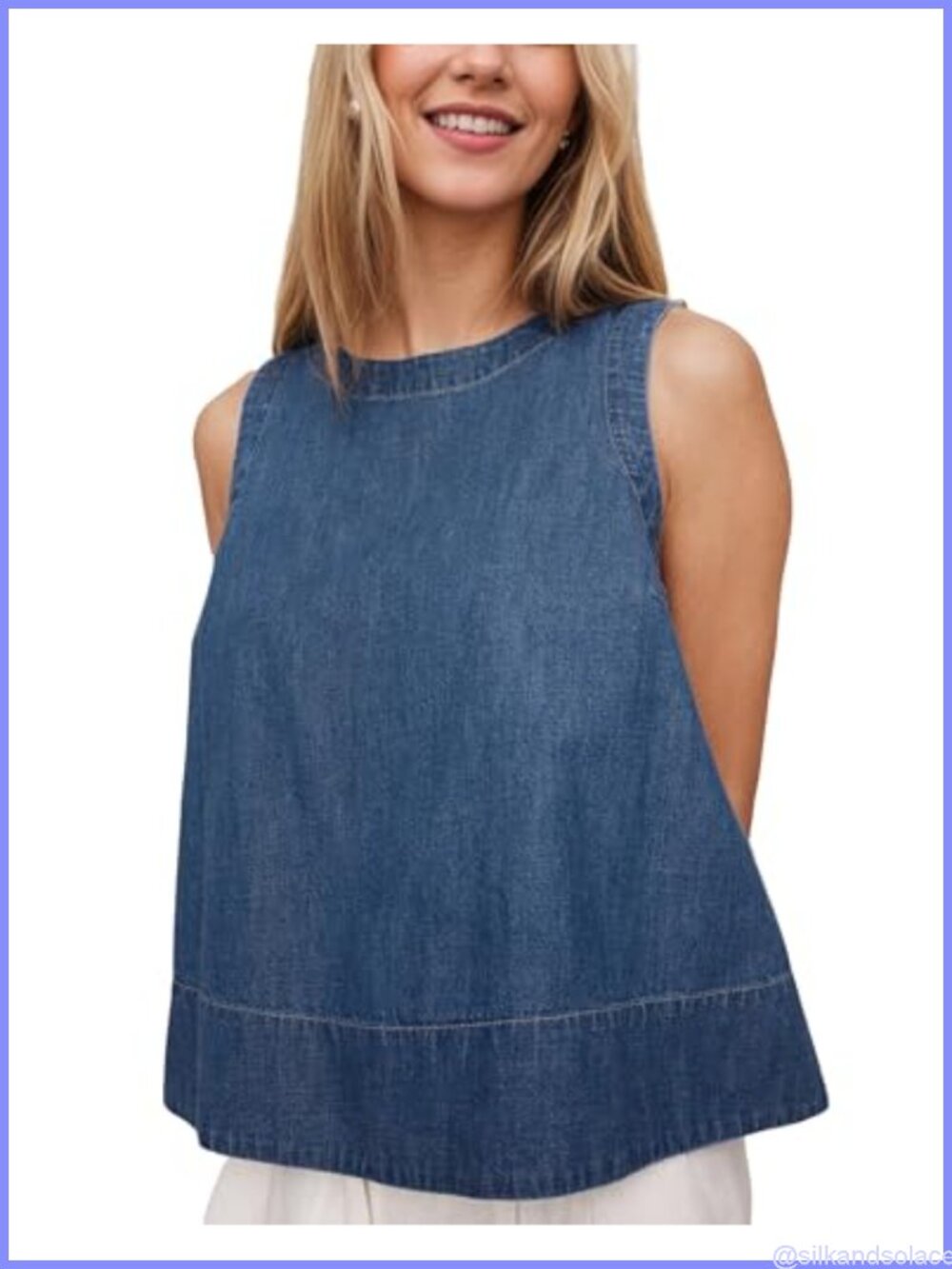 Denim Tank Top Sleeveless Crewneck Relaxed Fit A-Line Cotton Vest